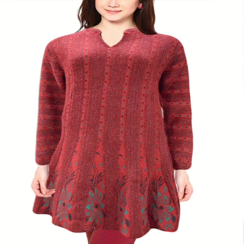 Knitted Red Vertical Stripe Collar Knitted Woolen Kurti