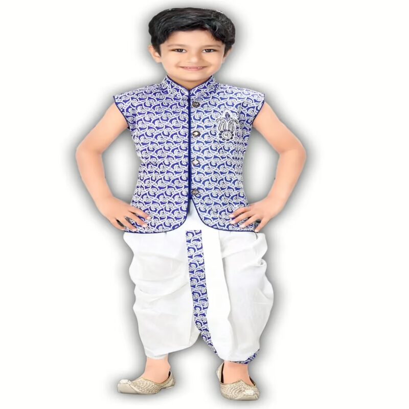 Kute Kids - Blue White Cotton Blend Dhoti Kurta( 6 Months-5 Years )
