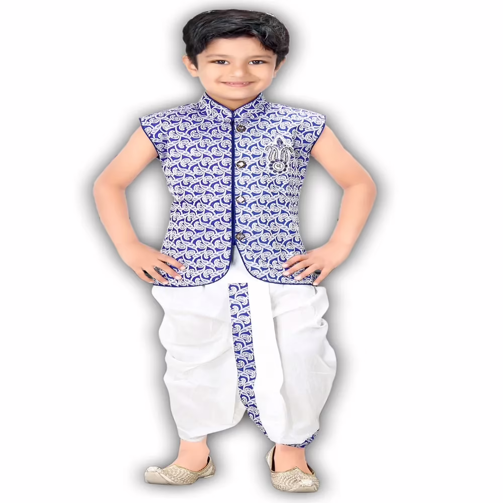 Kute Kids - Blue White Cotton Blend Dhoti Kurta( 6 Months-5 Years )