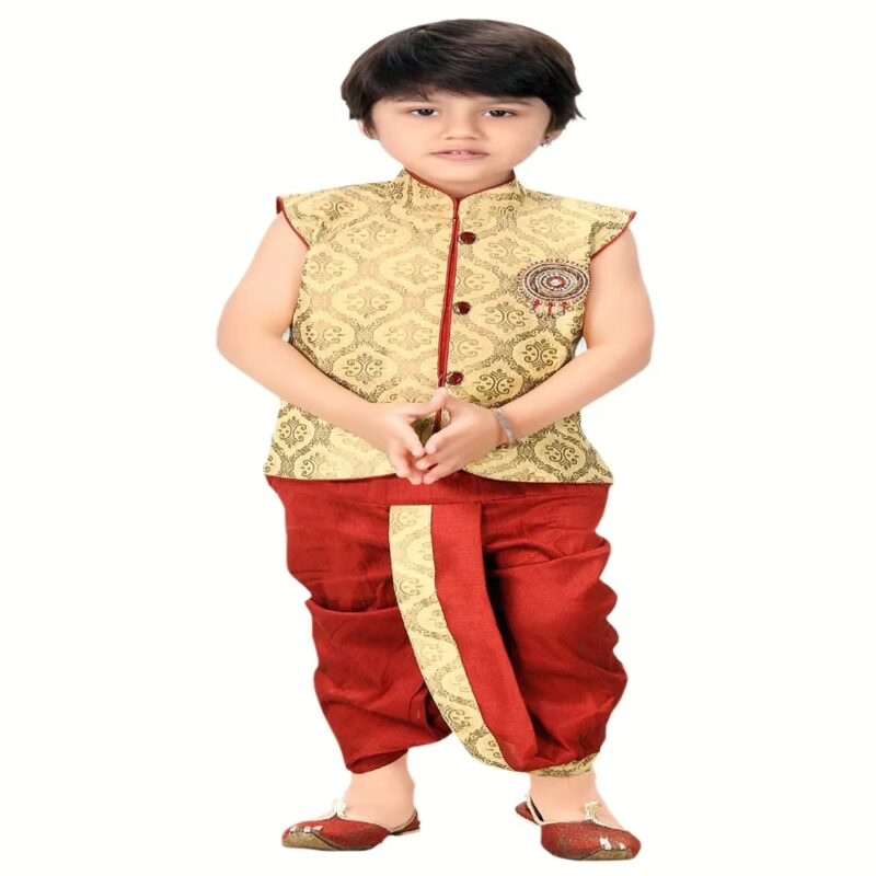 Kute Kids - Golden Red Cotton Blend Dhoti Kurta( 6 Months-5 Years )