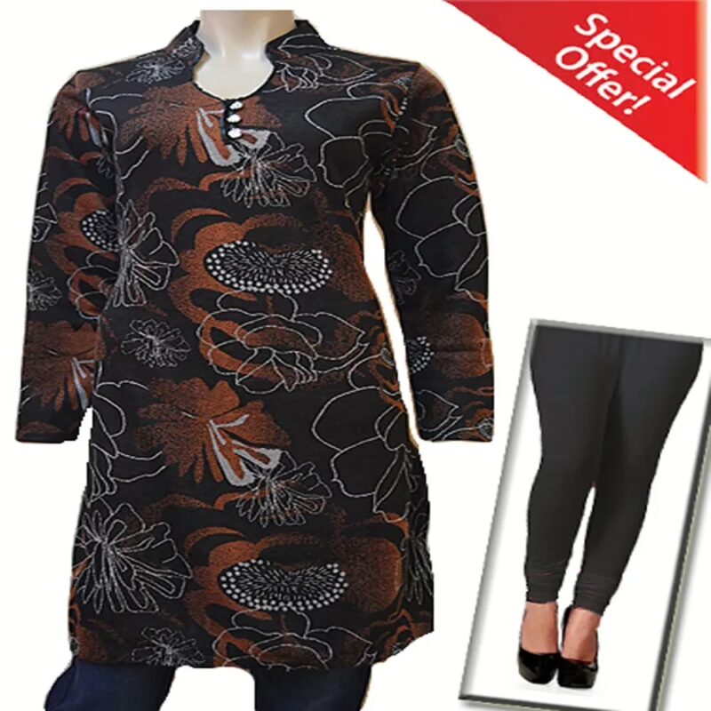Latest Black Woolen Kurti Over Brown White Floral Print with Warm Legging Special Offer