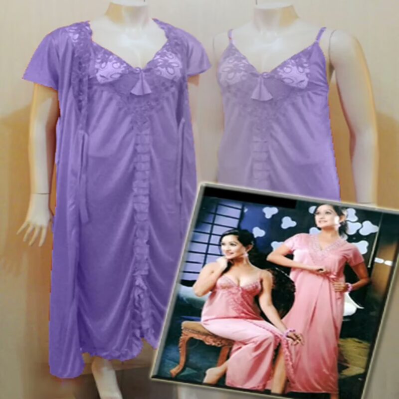 Light Purple Front Frill Design 2 Piece Lacy Long Nighty Robe Set