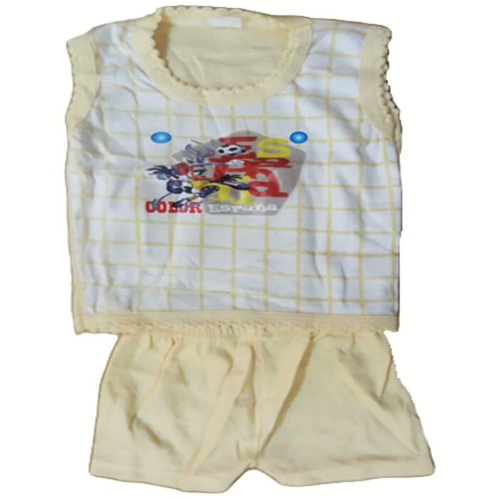 Light Yellow Newborn Sleeveless T-Shirt with Front Print and Short Set (0-6 Months)