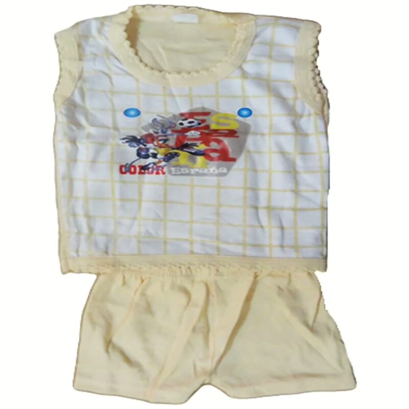Light Yellow Newborn Sleeveless T-Shirt with Front Print and Short Set (0-6 Months)