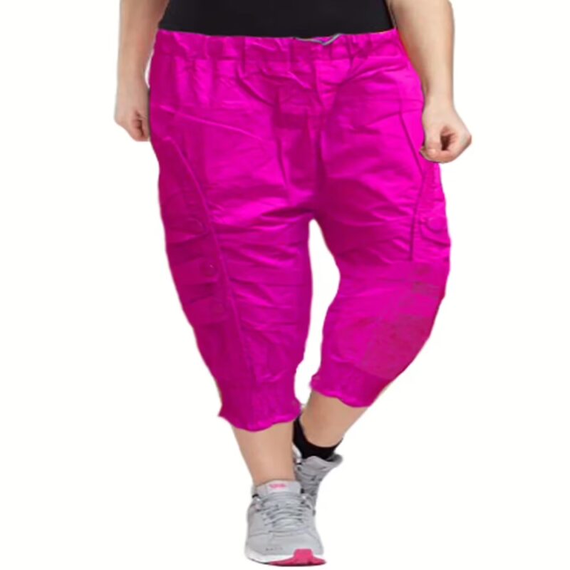 Magenta Front Patch Button Design Elastic Bottom Capri
