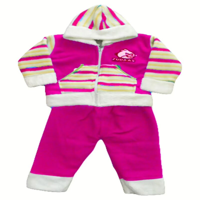 Magenta Hooded White Yellow Striped Front Pocket Baby Coat Pajama Set