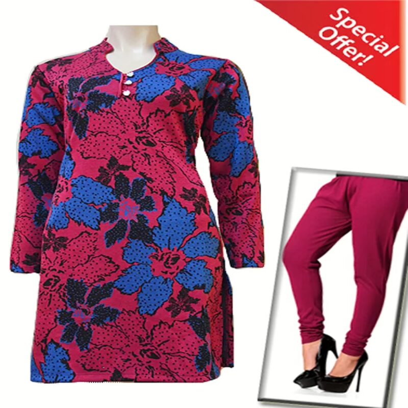 Magenta Over Blue Floral Design Woolen Kurti with Warm Legging Special Offer