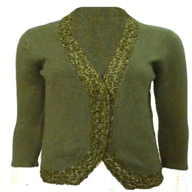 Marks & Spencer Classy Green Wool Knitted V Neck Embroidered Cardigan