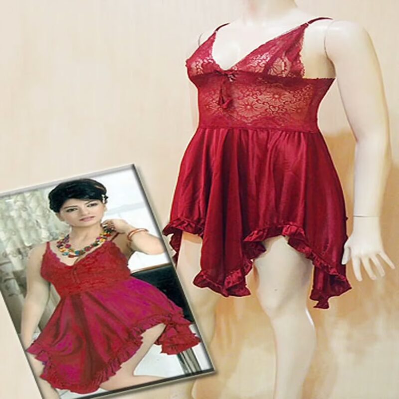 Maroon Ruffle Knee Length Nighty