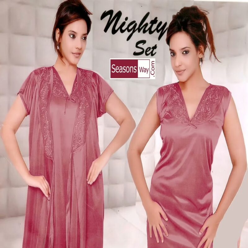 Maroon Satin 2 Piece Bridal Nighty