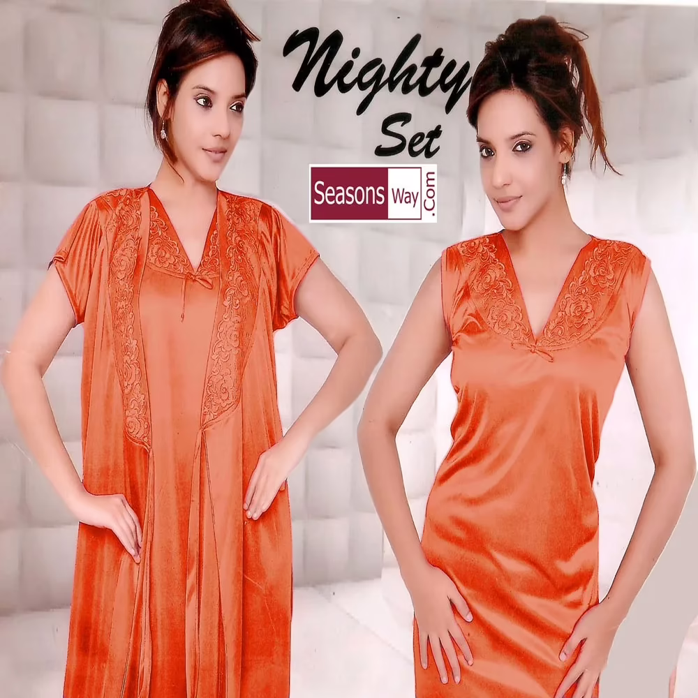 Orange Satin 2 Piece Bridal Nighty