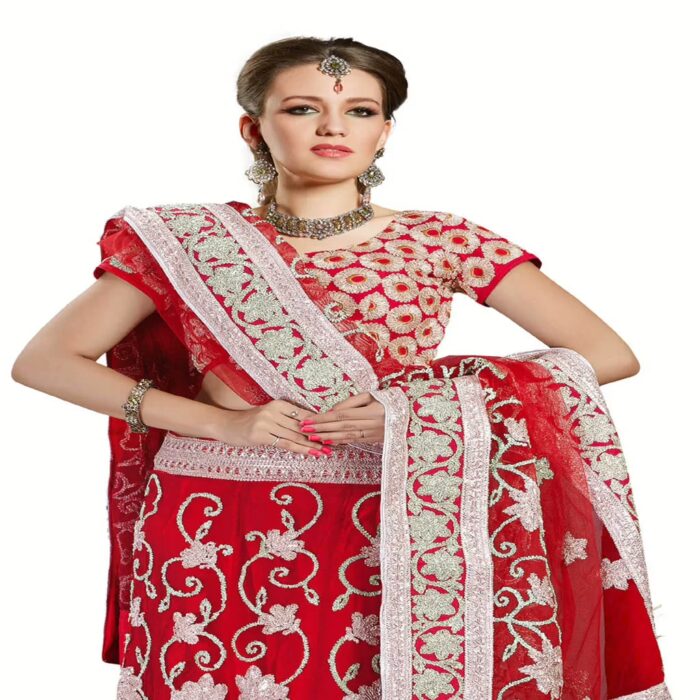 Ambaji Red Colored Net Embroidered Lehenga Choli