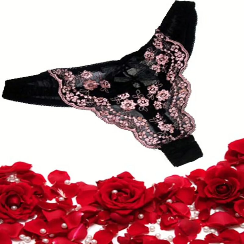 Pale Purple Sheer Embroidered Black Thong