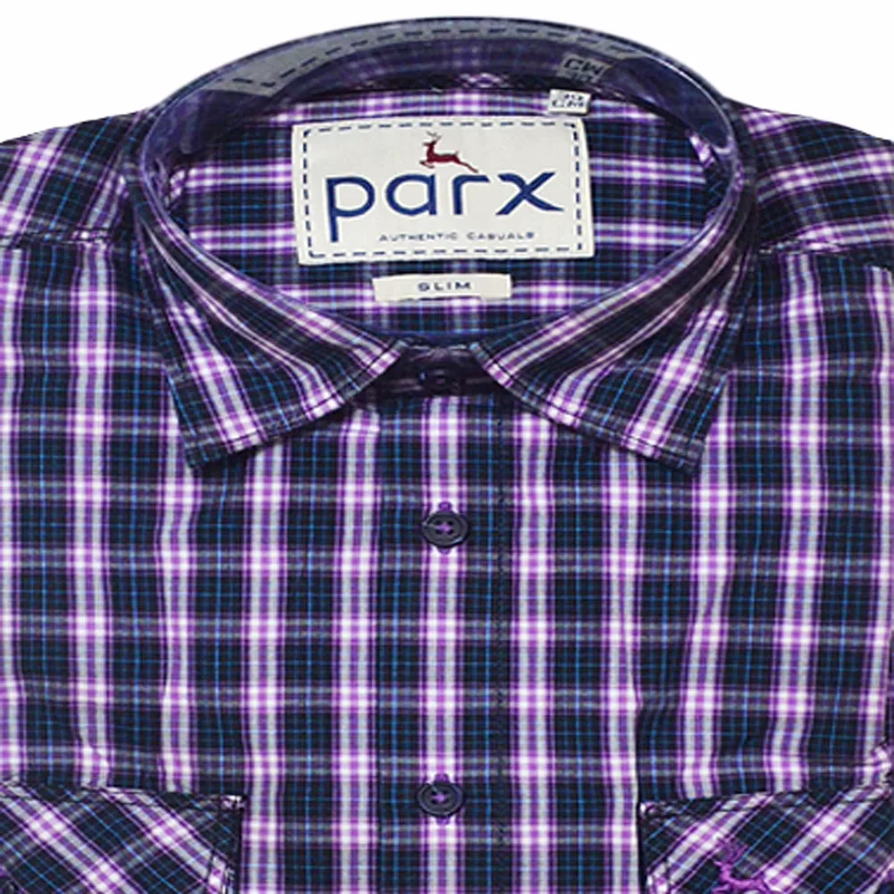 Parx Authentic Casuals Slim Purple Check Navy Blue Half Sleeves Cotton Shirt-Size 39