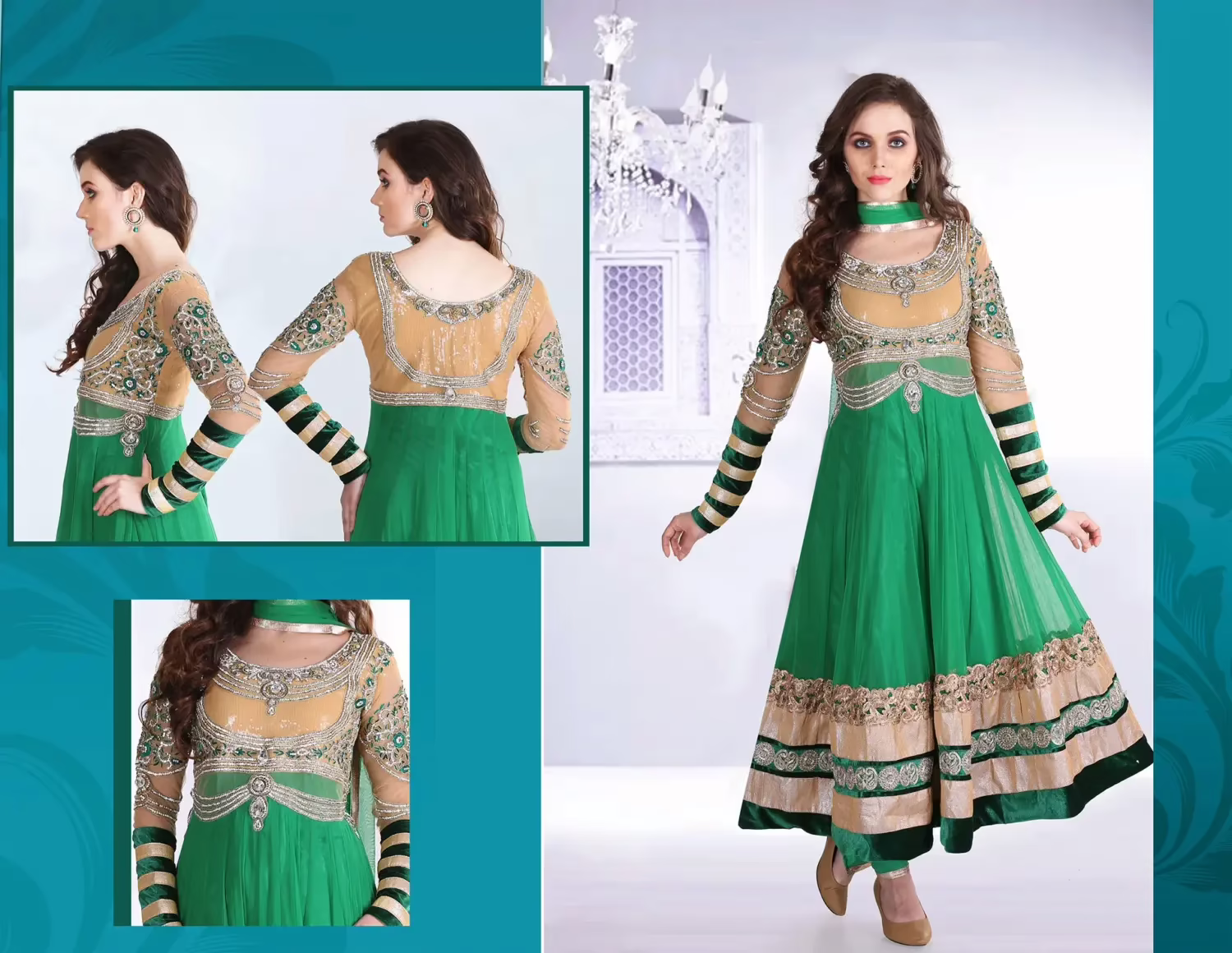 Pazaar Afreen Jungle Green and Peach Yellow Embroidered Anarkali Salwar Kameez