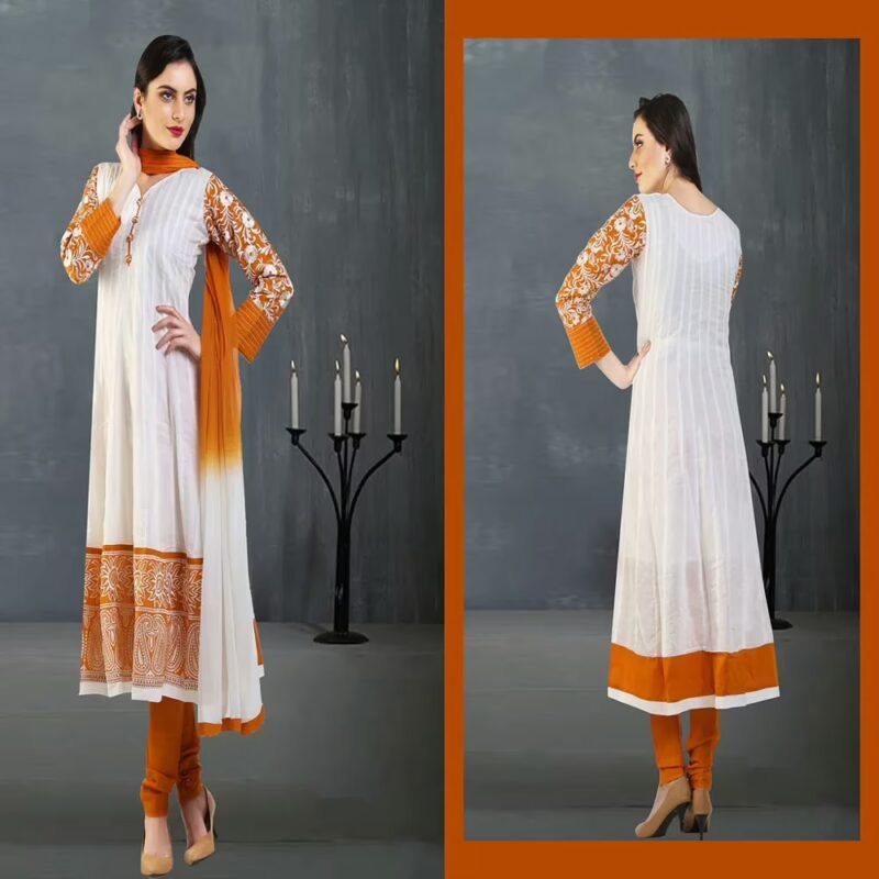 Pazaar Afreen Off-white and Gamboge Yellow Embroidered Anarkali Salwar Kameez