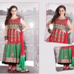 Pazaar Afreen Rose-madder Red and Jungle Green Embroidered Anarkali Salwar Kameez
