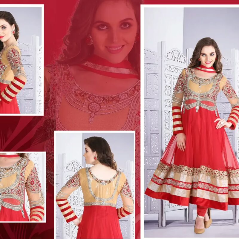Pazaar Afreen Rose Madder Red & Peach Yellow Embroidered Anarkali Salwar Kameez
