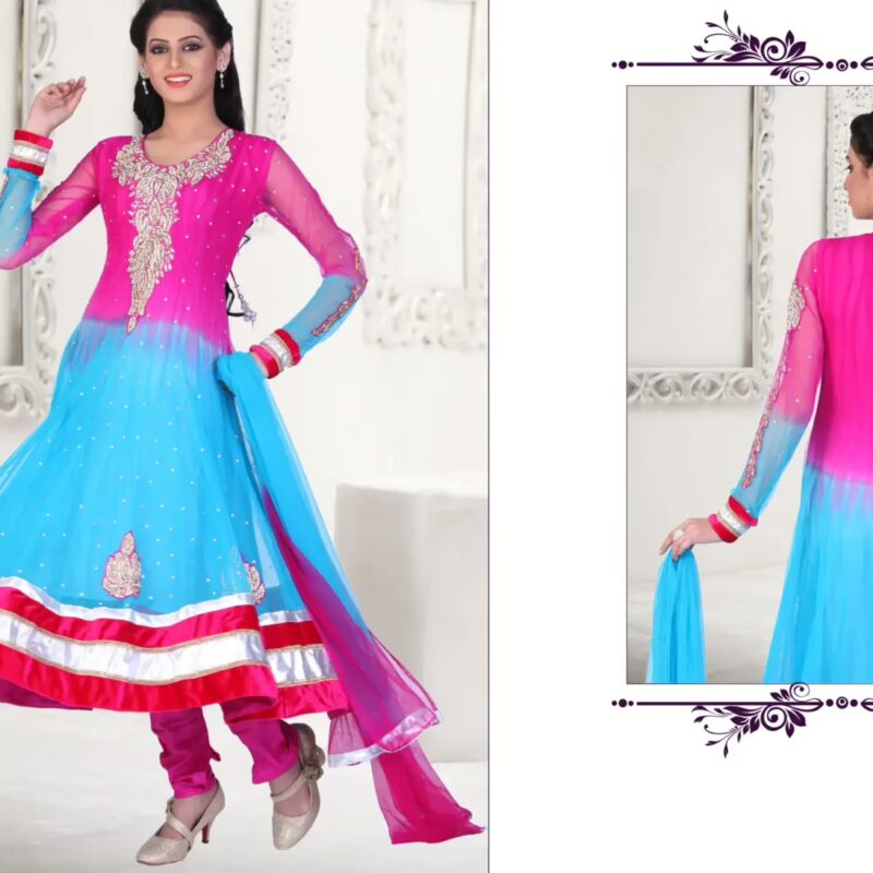 Pazaar Kaanchi Deep Pink and Deep Sky Blue Embroidered Anarkali Salwar Kameez