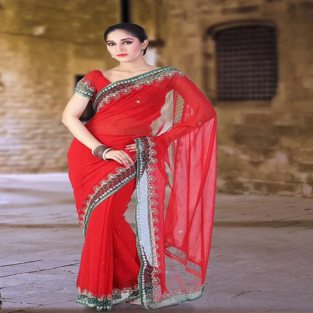 Pazaar Rose Madder Red Embroidered Party Saree With Zari Thread
