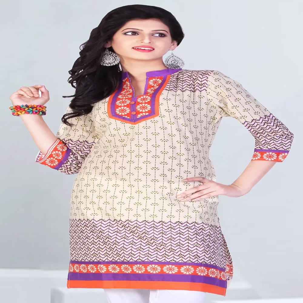 Pazaar Tulip Cream Yellow Printed Purple & Orange Patch Border Party kurti