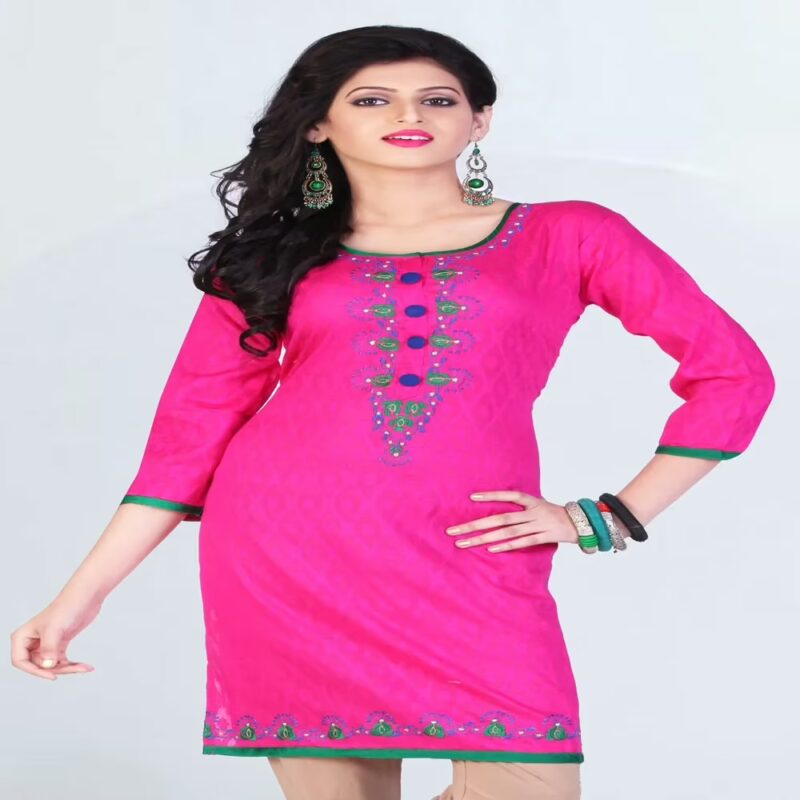Pazaar Tulip Pink Embroidered Green Patch Border Festival kurti