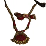 Peacock Pendant & Ear Hangings Terracotta Maroon & Gold Combo Jewelry Set