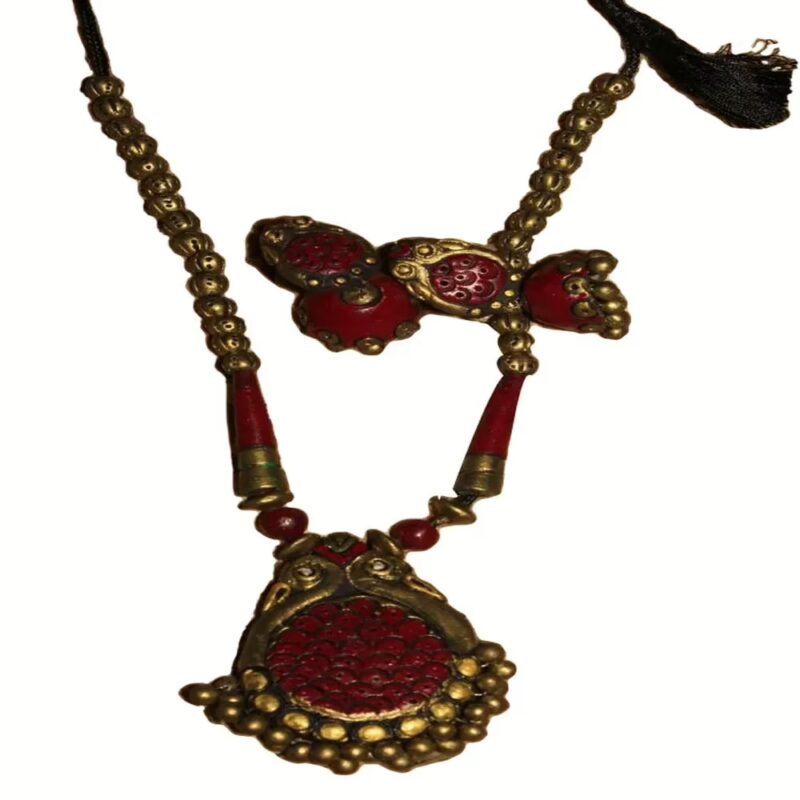 Peacock Pendant & Ear Hangings Terracotta Maroon & Gold Combo Jewelry Set