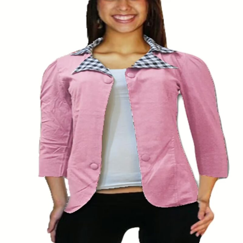 Pink Buttoned Patch Check Collar Side Pocket Shrug
