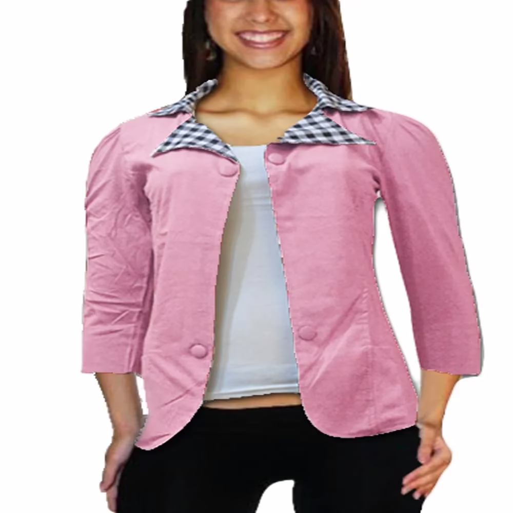 Pink Buttoned Patch Check Collar Side Pocket Shrug