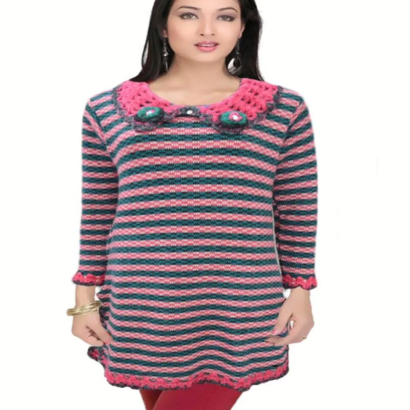 Pink Green Stripe Baby Collar Knitted Woolen Kurti