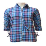 Plaid Sky Blue Three Quarter Sleeves Cotton Shirt