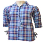 Plaid Sky Blue Three Quarter Sleeves Cotton Shirt