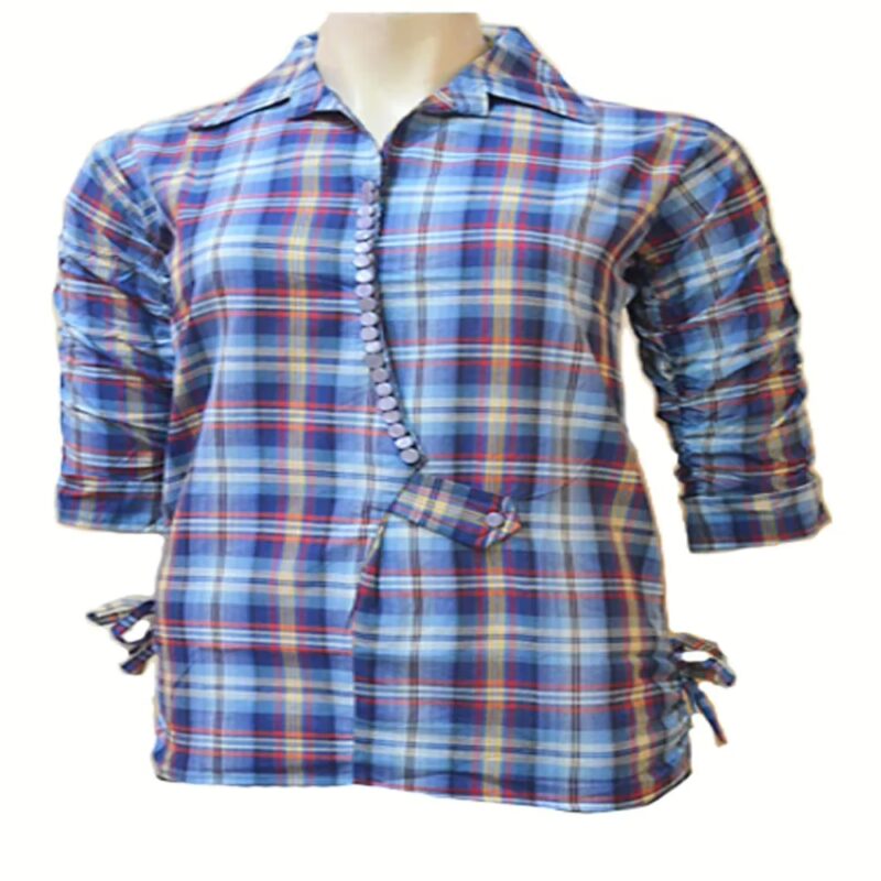Plaid Sky Blue Three Quarter Sleeves Cotton Shirt