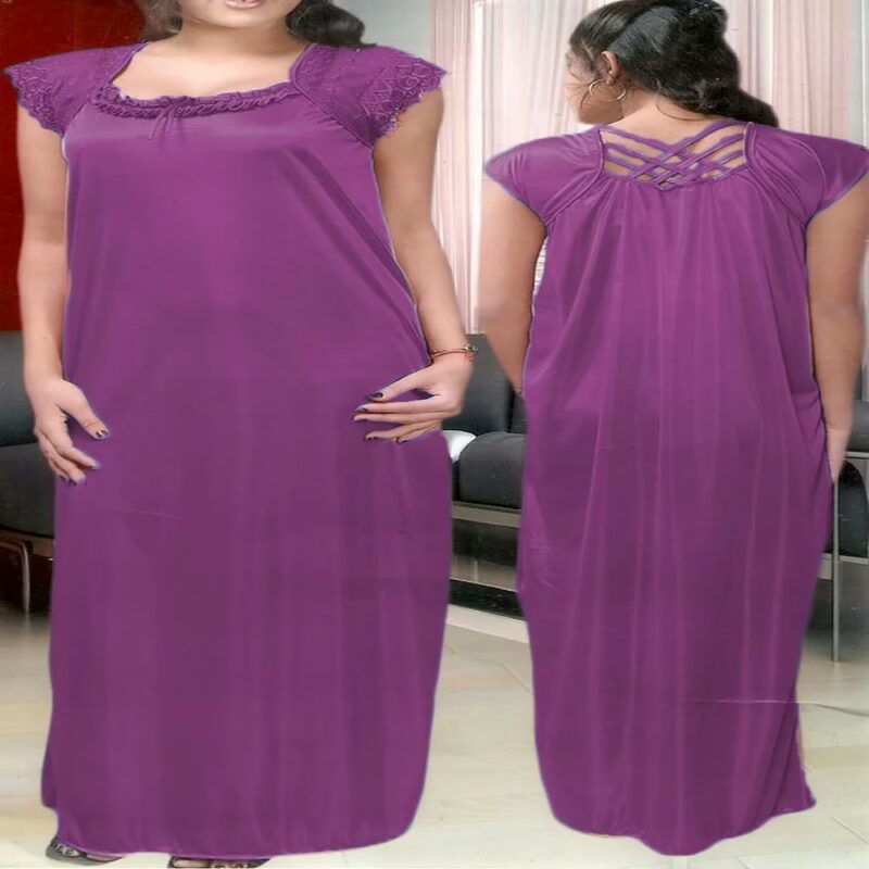 Plain Purple Satin Lace Full Length Nightgown
