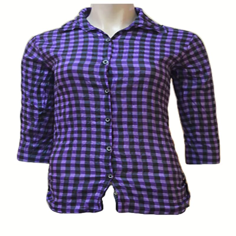 Purple Cotton Front Button Black Check Wrinkle Shirt