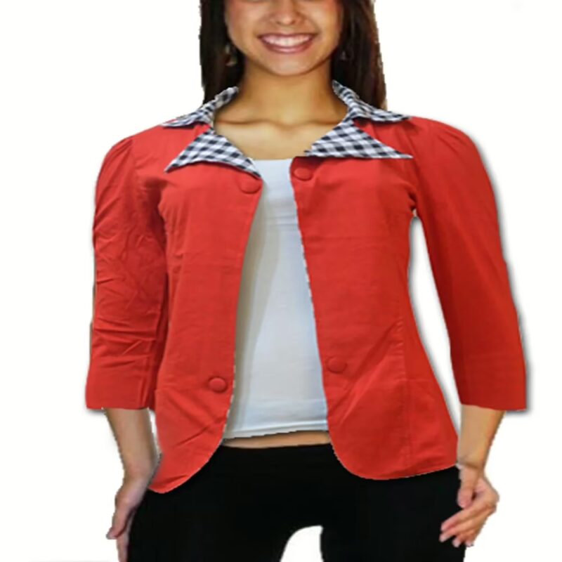 Red Buttoned Patch Check Collar Side Pocket Shrug