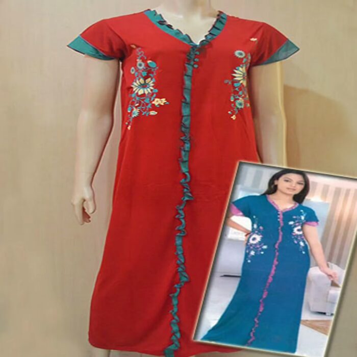 Red Front Frill Design Long Hosiery Nightgown