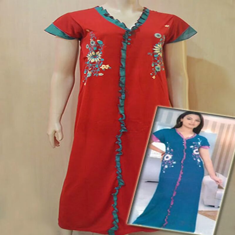 Red Front Frill Design Long Hosiery Nightgown