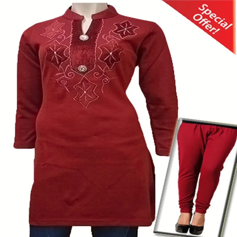 Red Velvet Work Buttoned Placket Full Sleeves Woolen Kurti With Winter Legging Special Offer