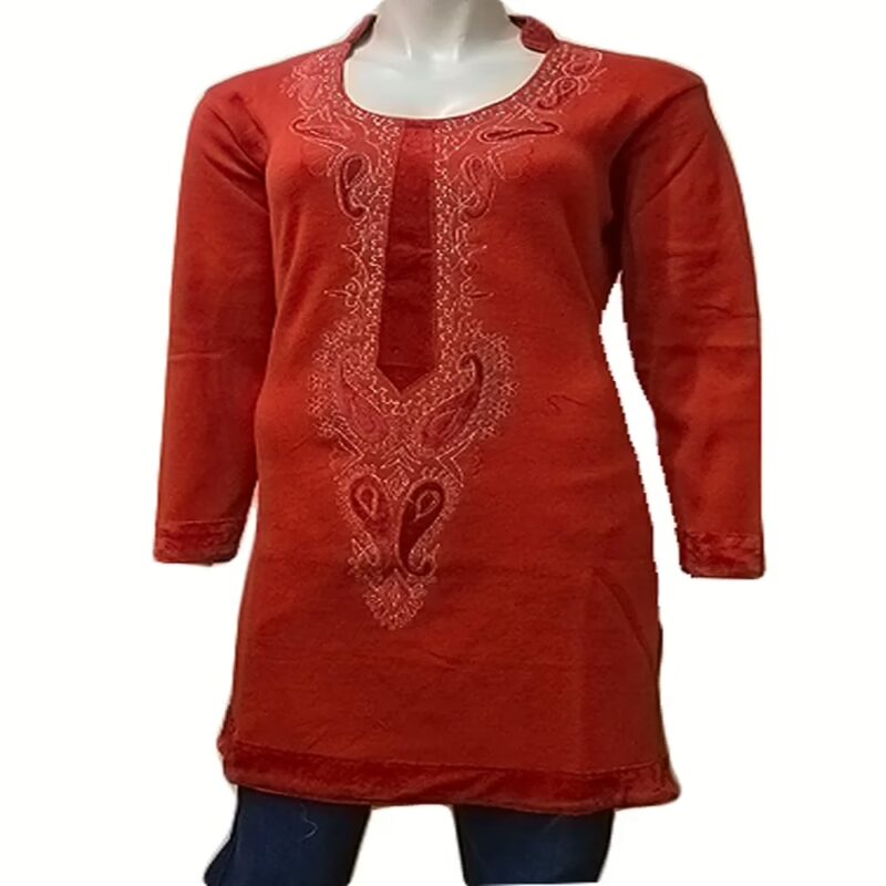Red Velvet Work Designer Half Neck Woolen Kurti