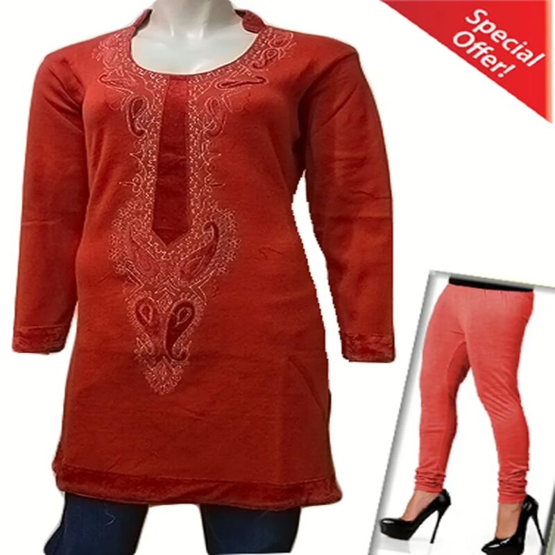 Red Velvet Work Designer Half Neck Woolen Kurti with Warm Legging Special Offer