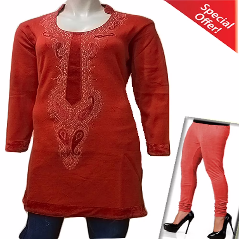 Red Velvet Work Designer Half Neck Woolen Kurti with Warm Legging Special Offer