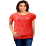Reddish Orange Short Sleeves Round Neck Crochet Top