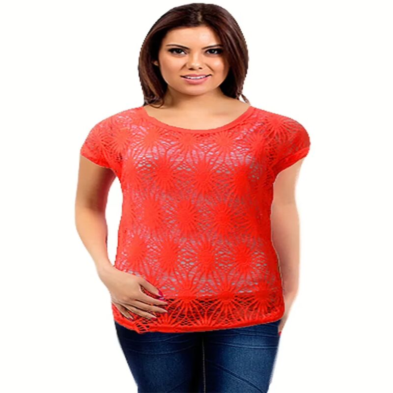 Reddish Orange Short Sleeves Round Neck Crochet Top
