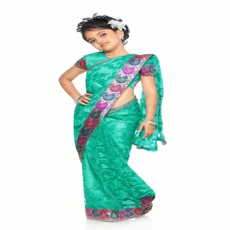 Bhartiya Paridhan -Net Pre Stitched Embroidered Laced Sea Green Saree(2-11 Years)