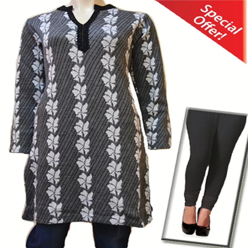 Seasonsway Offers-White Floral Stripe Grey Color Woolen Kurti With Woolen Warm Legging