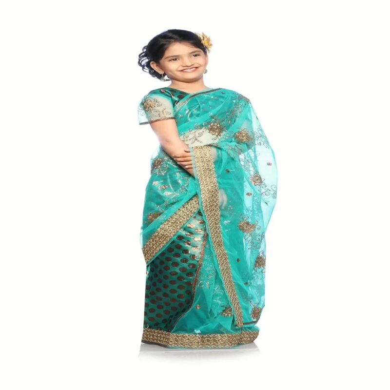 Bhartiya Paridhan-Net Pre Stitched Embroidered Laced Sea Green Saree(2-11 Years)