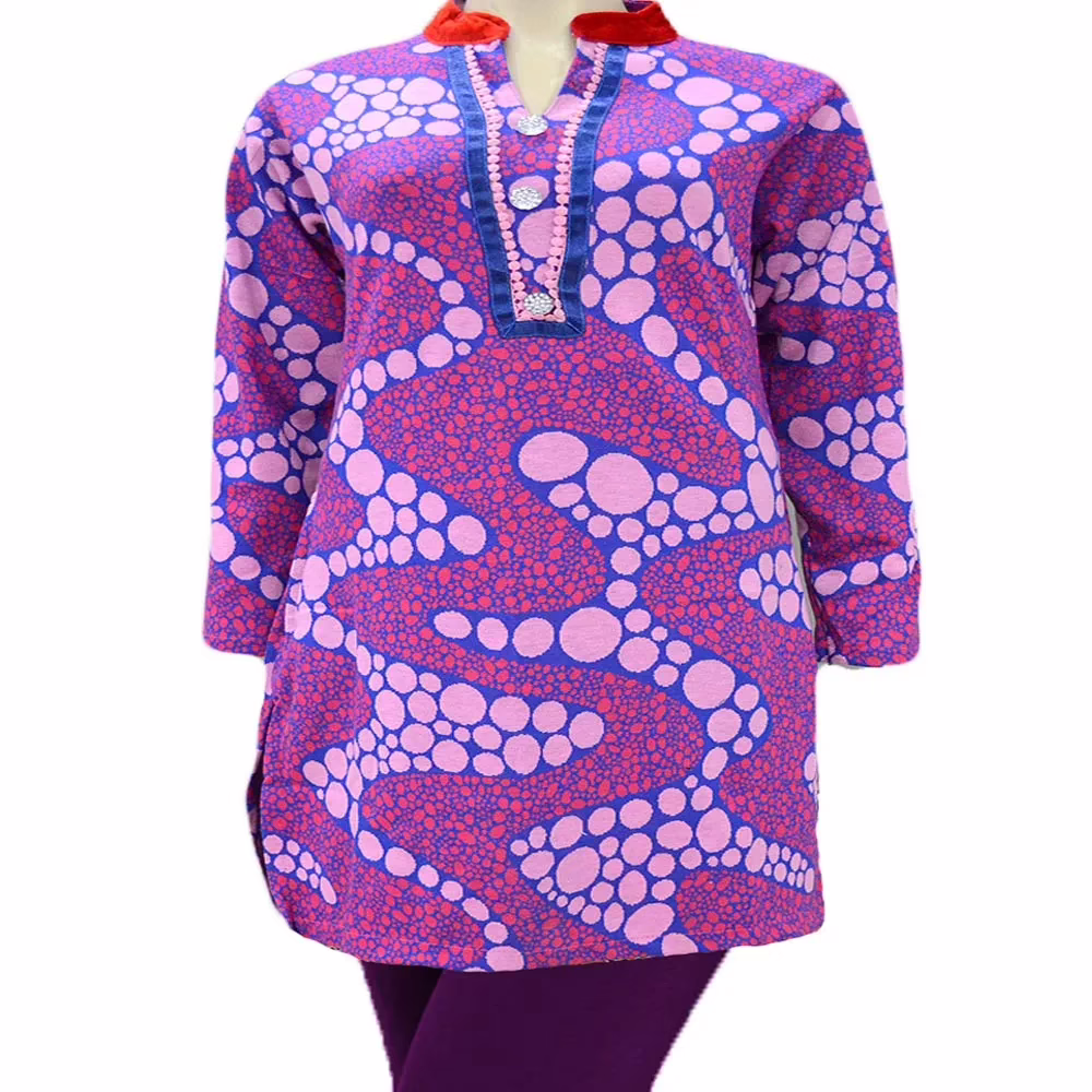 Sensational Pink Dot Blue Print Red Velvet Nehru Collar Buttoned Placket Woolen Kurti
