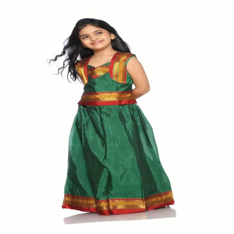 Bhartiya Paridhan -Silk Art Pre Stitched Embroidered Laced Green Saree(6month-9 Years)